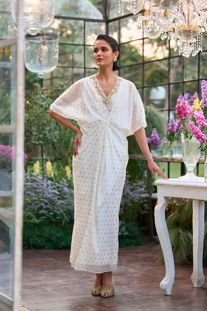 EMBROIDERED BENARES WEAVE KAFTAN DRESS dash and dot