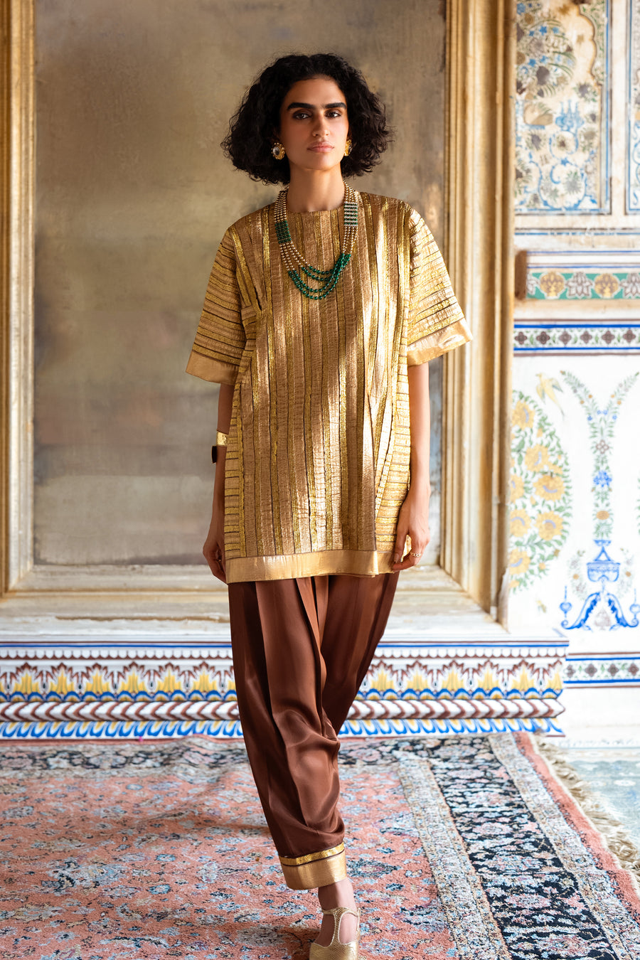 STRIPED GOTA EMBROIDERED BOXY TOP & PANT SET