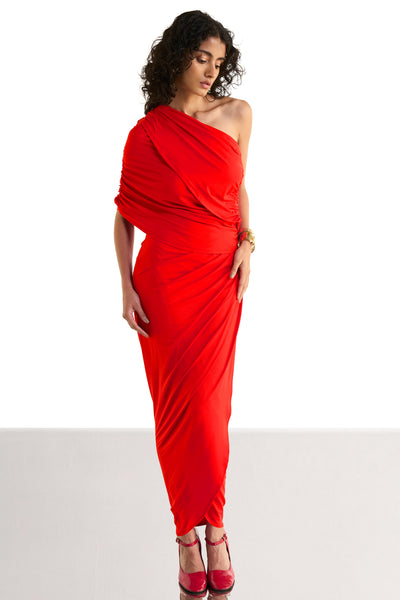 ONE SHOULDER DRAPED KNIT TOP & RUCHED DRAPED KNIT SKIRT