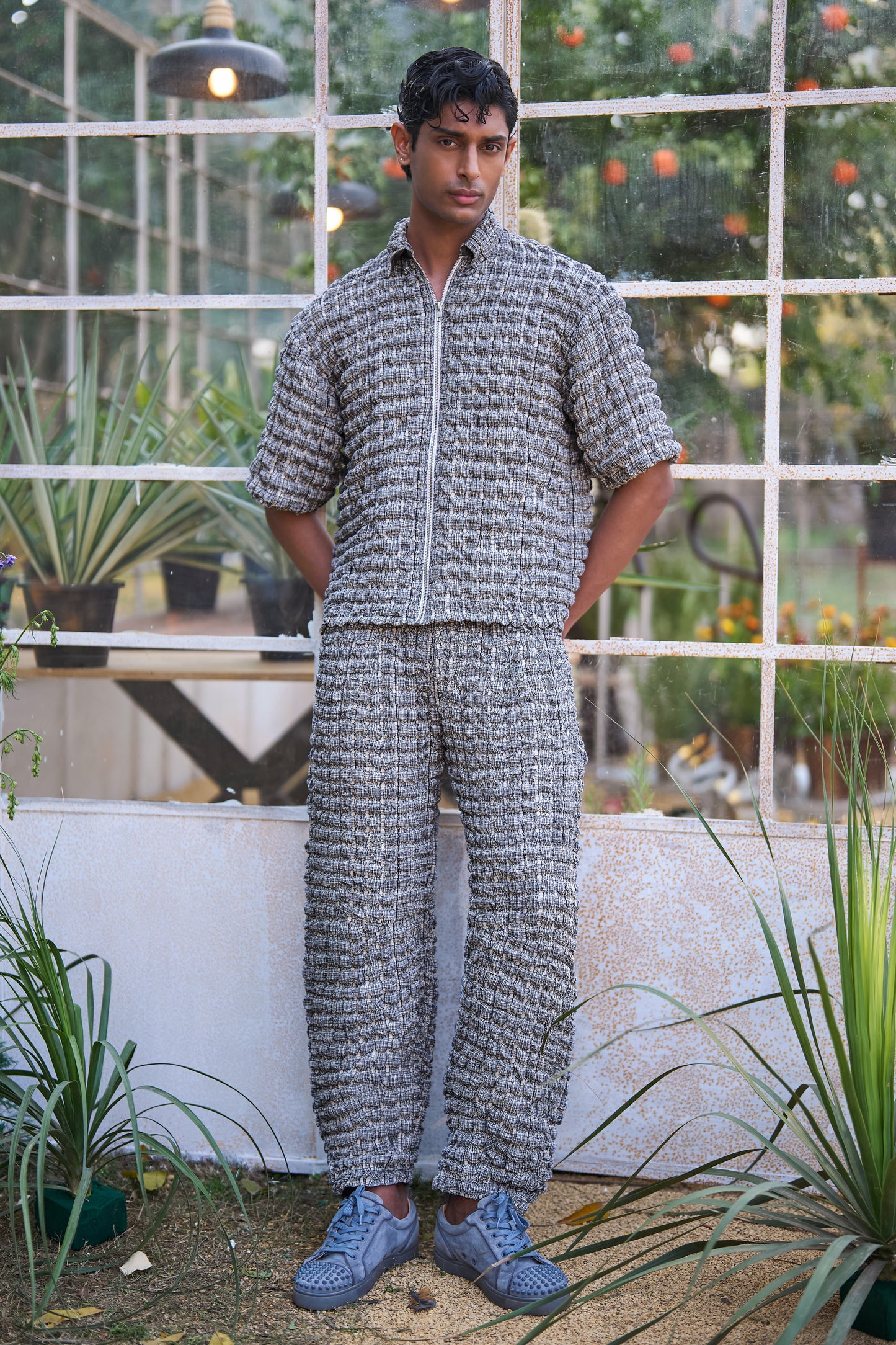 BUBBLE JACQUARD KNIT ZIP SHIRT & PANT