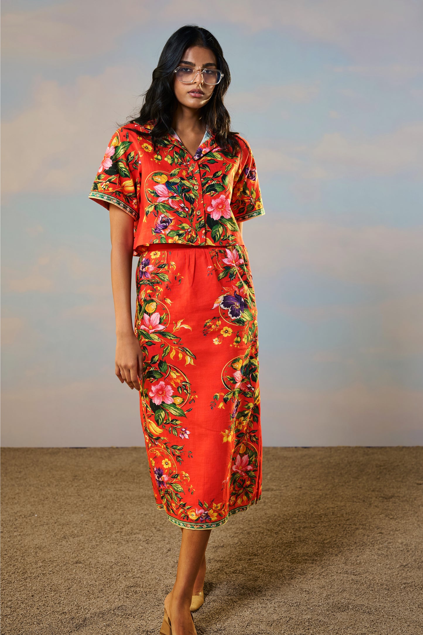 LINEN PLACED FLORAL PRINT SHIRT & SKIRT SET