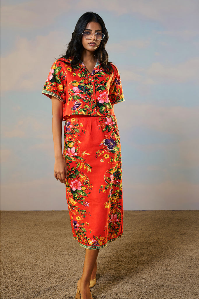 LINEN PLACED FLORAL PRINT SHIRT & SKIRT SET dash and dot