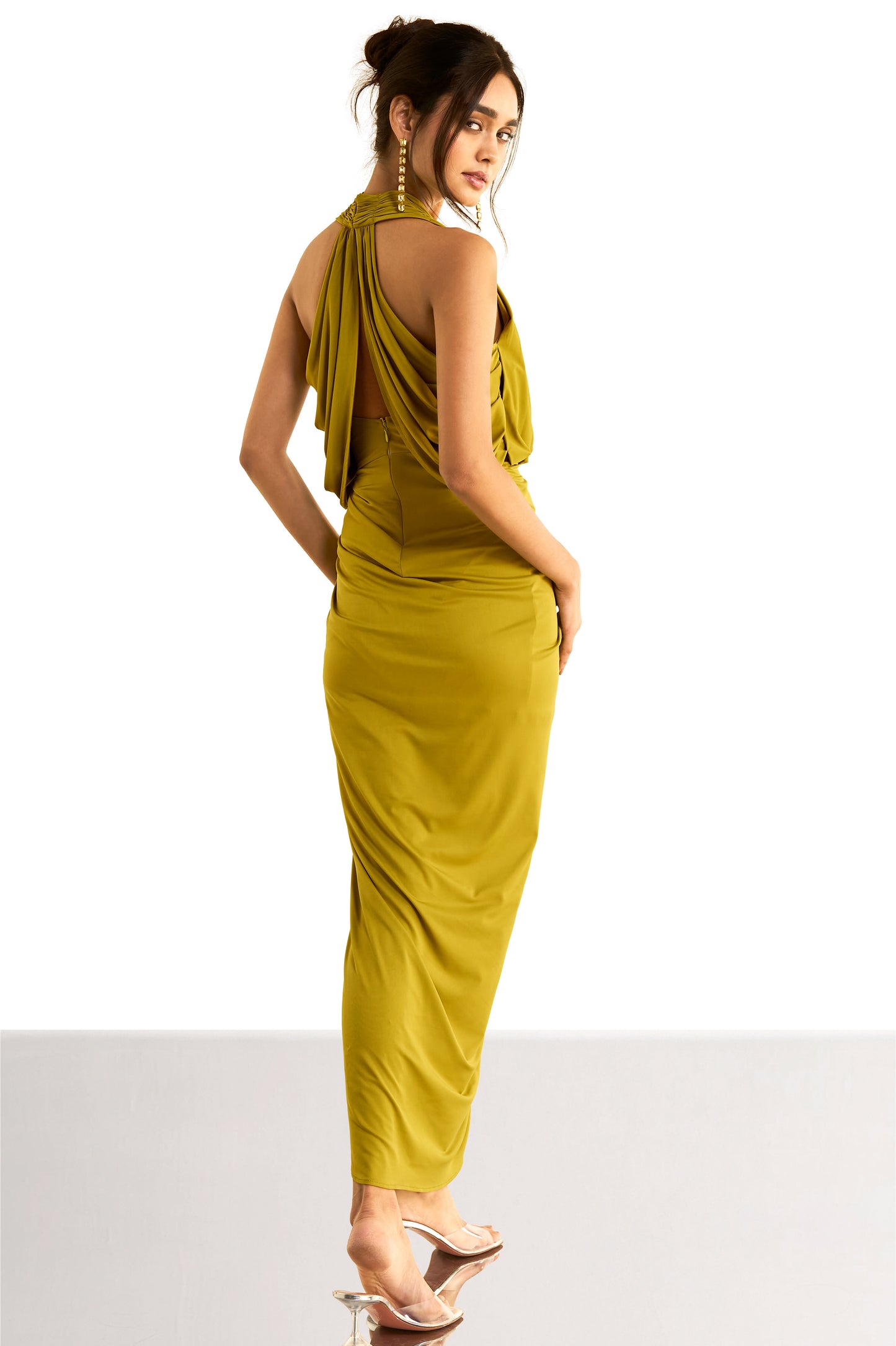 HALTER NECK FRONT OVERLAP KNIT DRESS