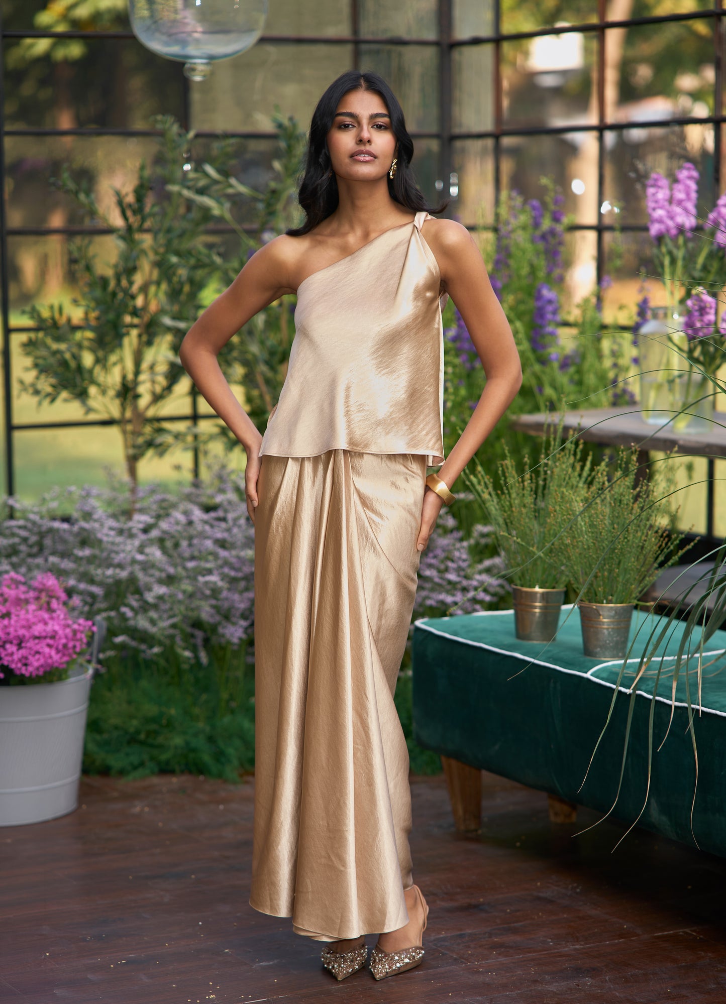 TWISTED ONE SHOULDER TOP & SATIN DRAPED SKIRT