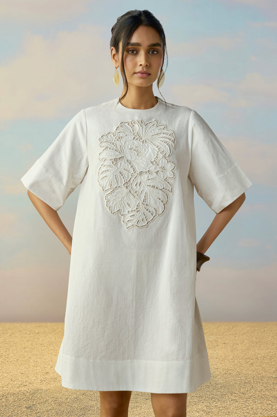 CUTWORK EMBROIDERED DENIM DRESS