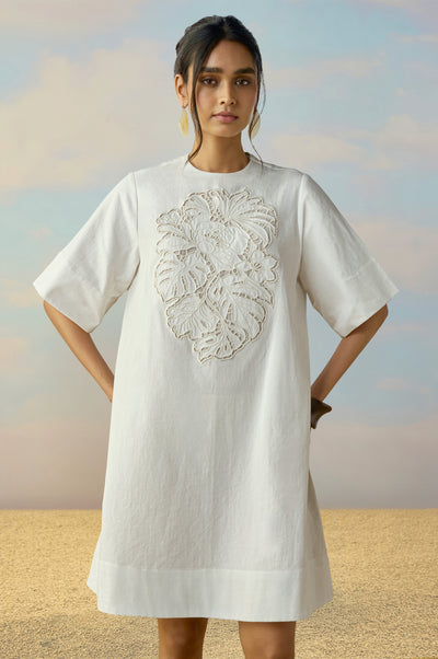 CUTWORK EMBROIDERED DENIM DRESS XS / Ivory