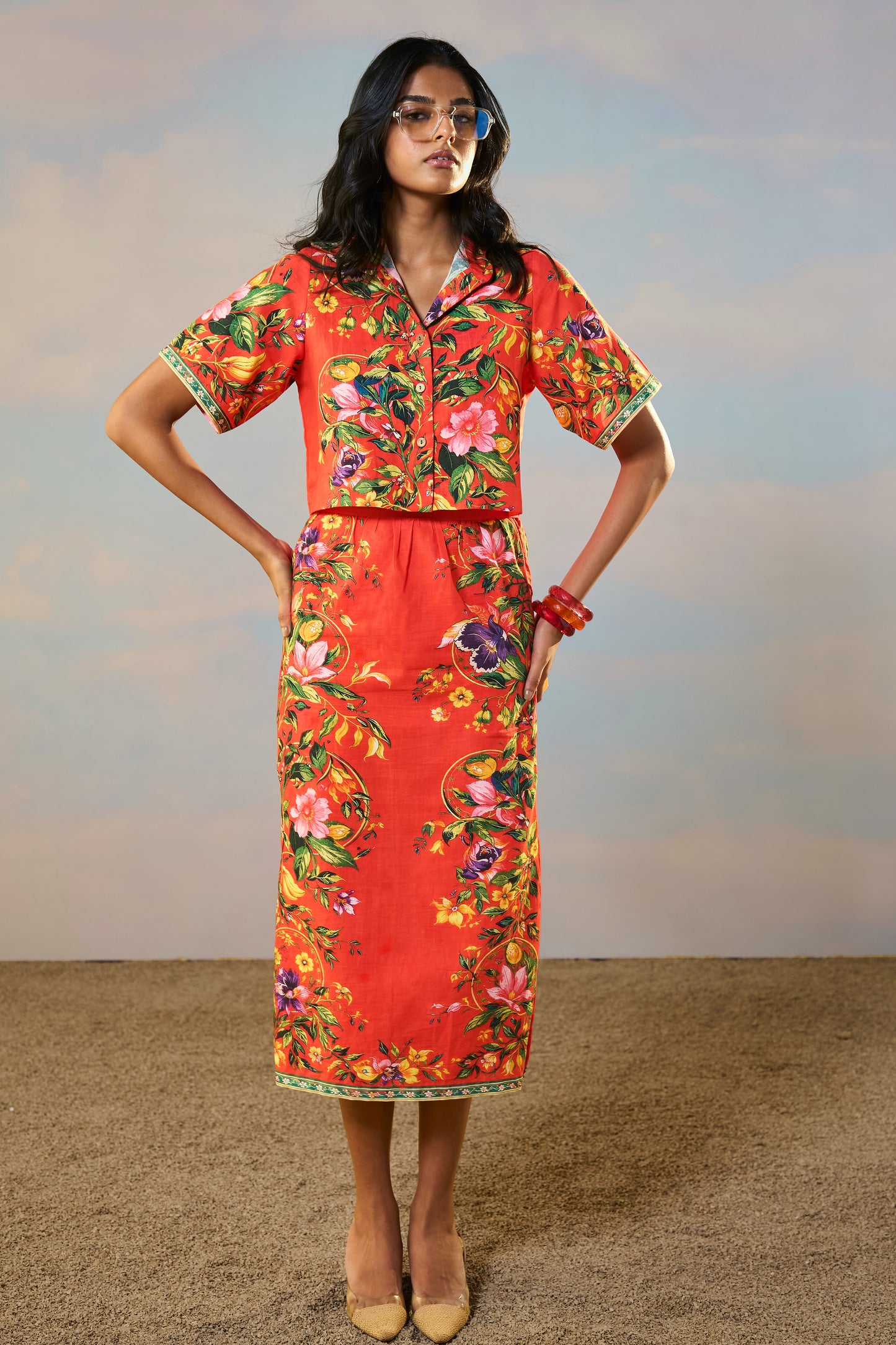 LINEN PLACED FLORAL PRINT SKIRT