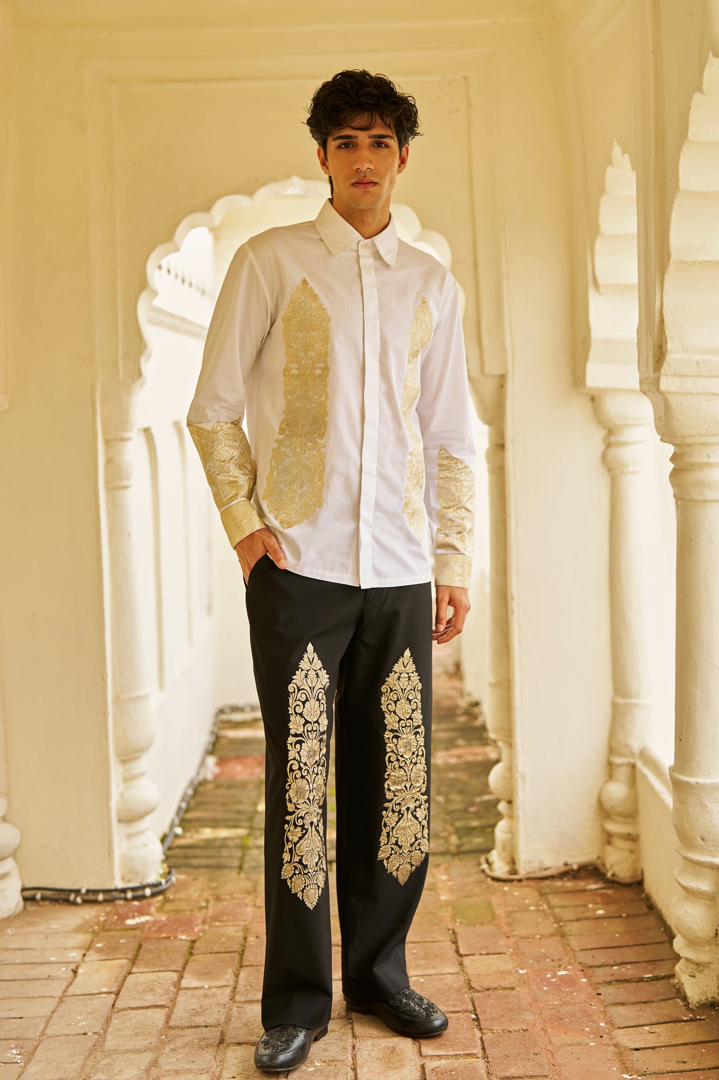 BLACK BROCADE PATCH PANT