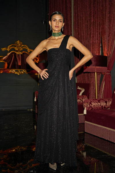 BLACK SEQUIN SARI DRAPE GOWN