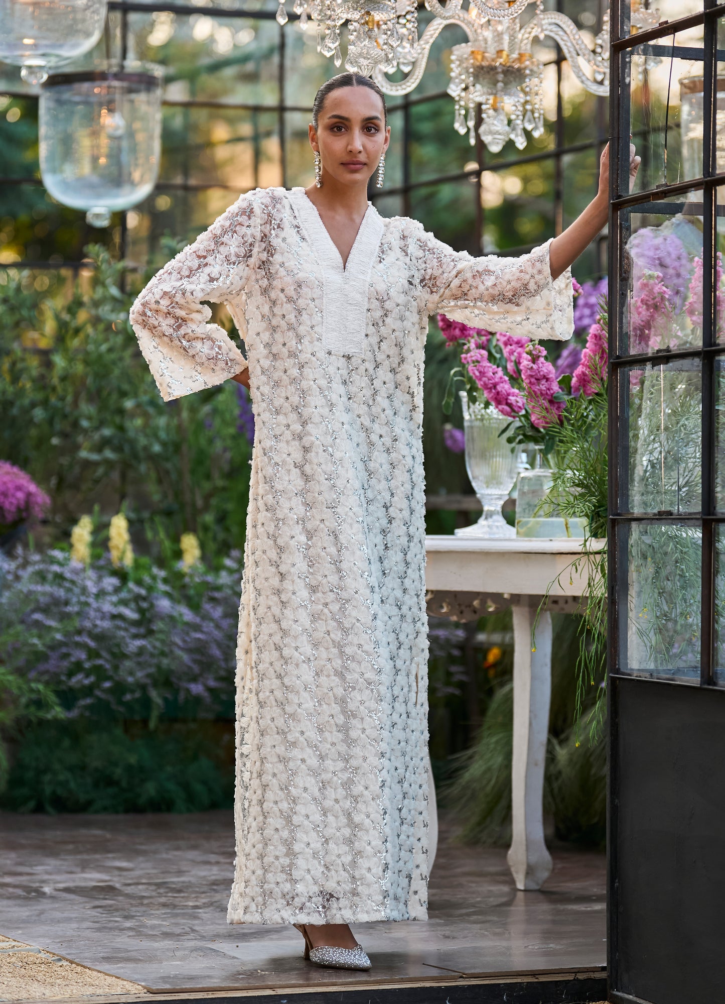 FLORAL RIBBON & SEQUIN EMBROIDERED KAFTAN DRESS