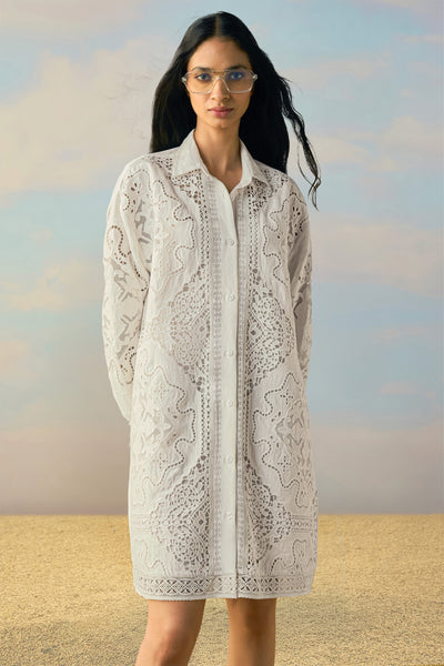 LINEN CUTWORK & LACE EMBROIDERED SHIRT DRESS