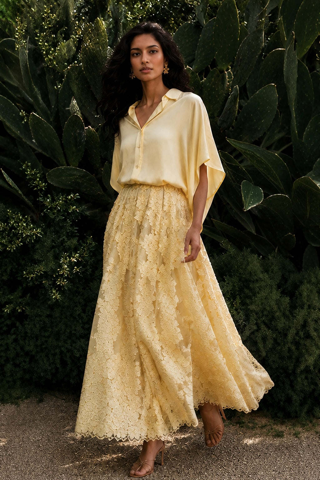 YELLOW SATIN SHIRT & CUTWORK LACE APPLIQUÉ FLARED SKIRT