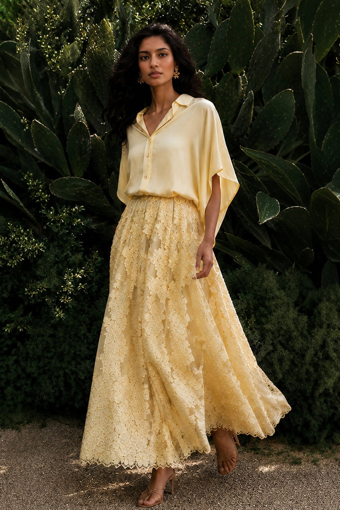 YELLOW SATIN SHIRT & CUTWORK LACE APPLIQUÉ FLARED SKIRT dash and dot