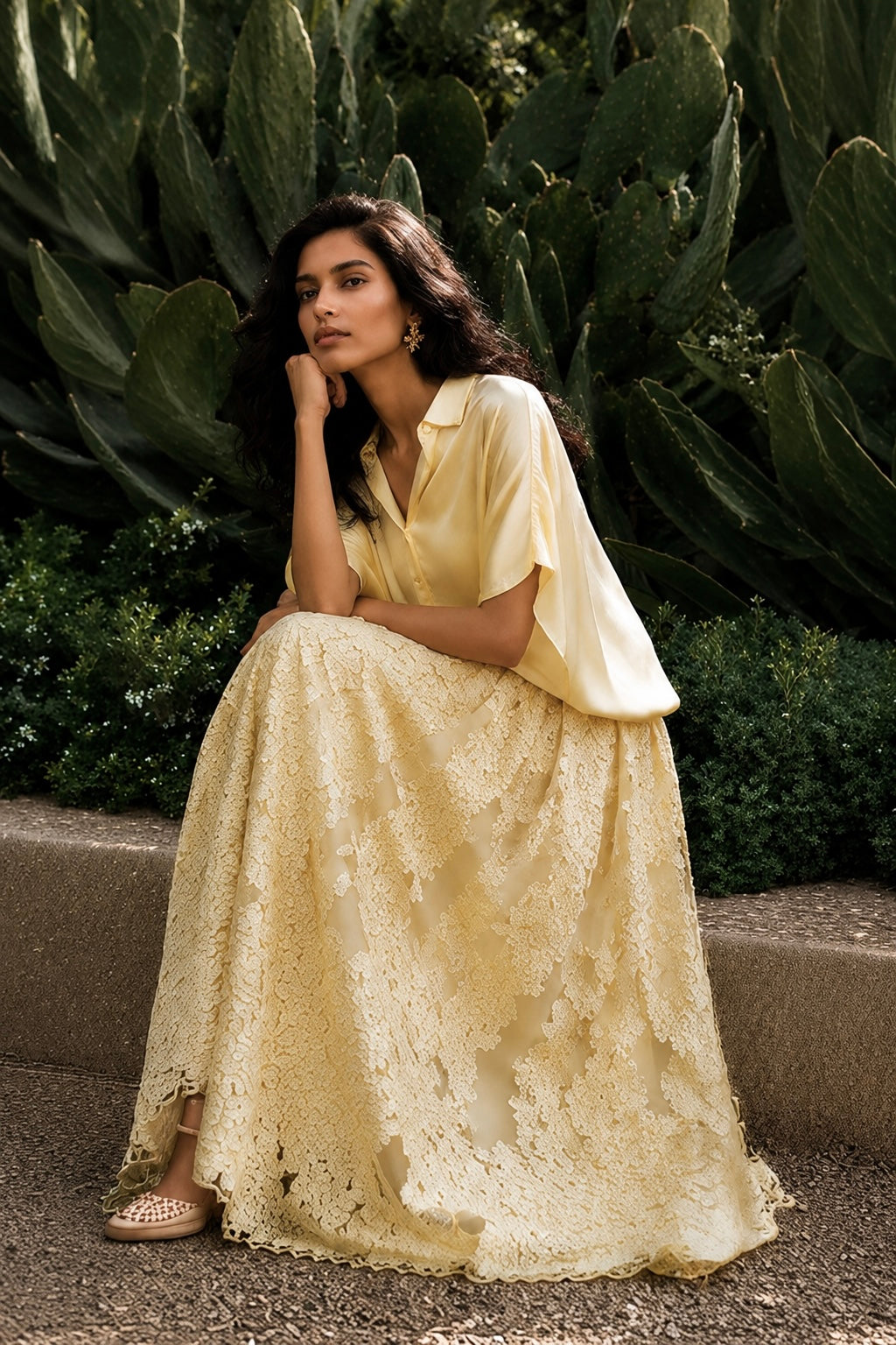 YELLOW SATIN SHIRT & CUTWORK LACE APPLIQUÉ FLARED SKIRT