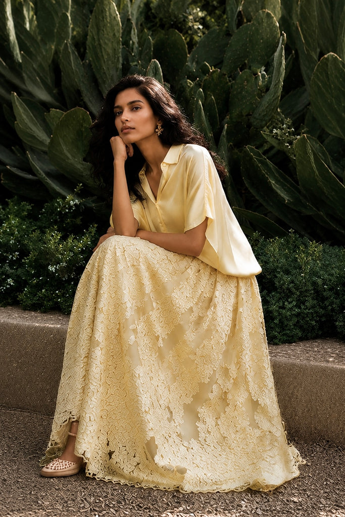 YELLOW SATIN SHIRT & CUTWORK LACE APPLIQUÉ FLARED SKIRT dash and dot