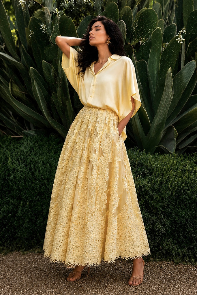 YELLOW SATIN SHIRT & CUTWORK LACE APPLIQUÉ FLARED SKIRT dash and dot