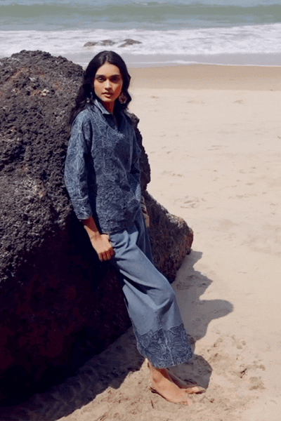 EMBROIDERED DENIM POPOVER TOP - dash and dot