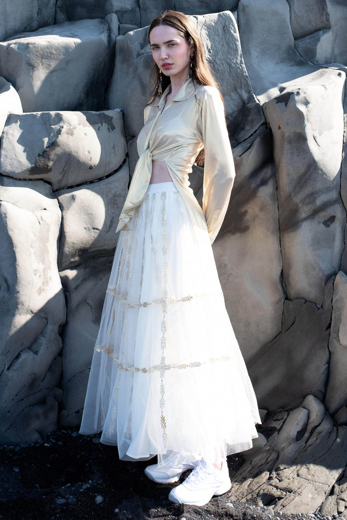 CHAMPAGNE GOLD SHIRT AND GOTA EMBROIDERED MAXI SKIRT SET - dash and dot dash and dot