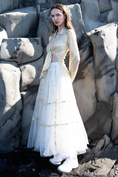 CHAMPAGNE GOLD SHIRT AND GOTA EMBROIDERED MAXI SKIRT SET - dash and dot