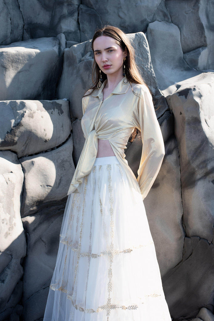 CHAMPAGNE GOLD SHIRT AND GOTA EMBROIDERED MAXI SKIRT SET - dash and dot dash and dot