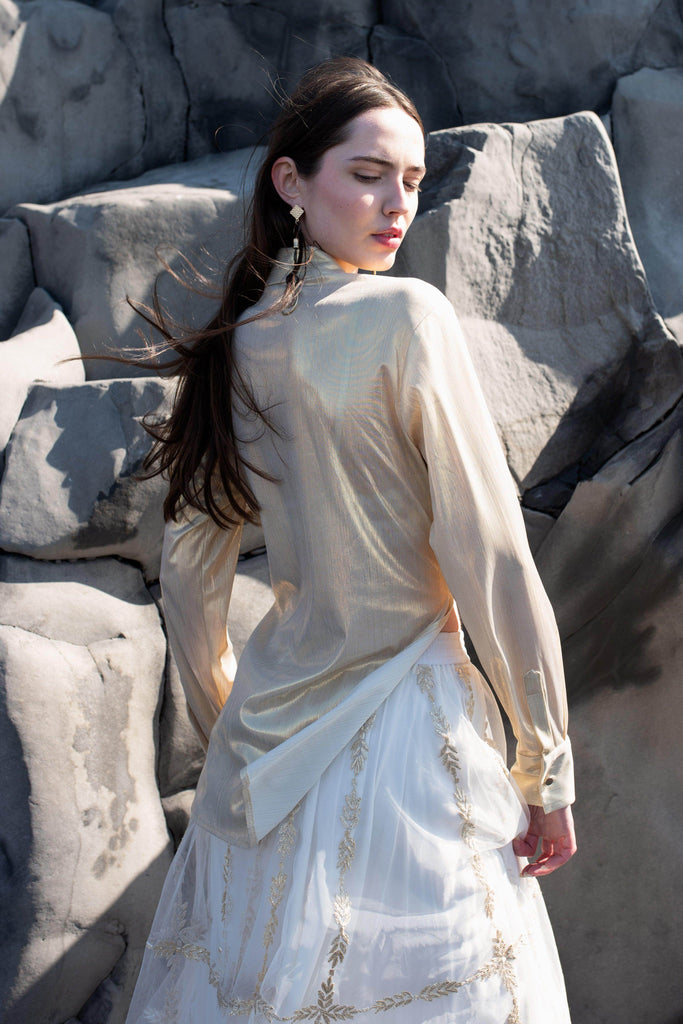 CHAMPAGNE GOLD SHIRT AND GOTA EMBROIDERED MAXI SKIRT SET - dash and dot dash and dot