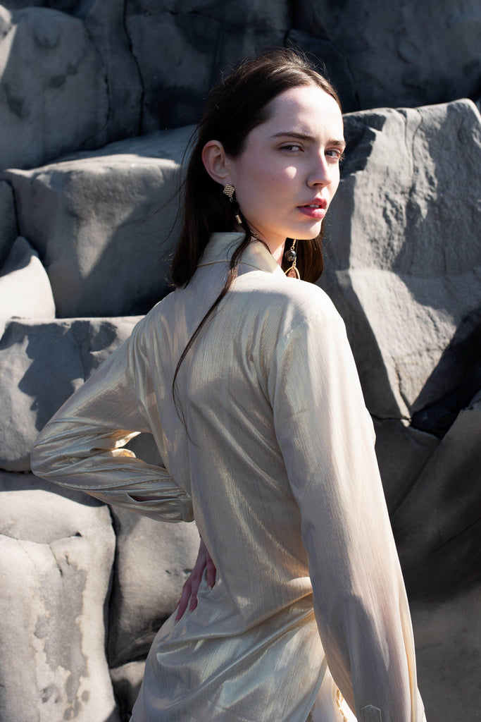 CHAMPAGNE GOLD SHIRT AND GOTA EMBROIDERED MAXI SKIRT SET - dash and dot dash and dot