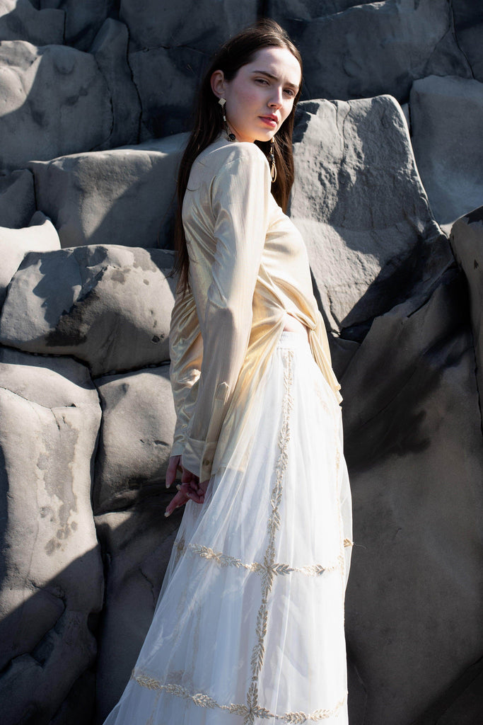 CHAMPAGNE GOLD SHIRT AND GOTA EMBROIDERED MAXI SKIRT SET - dash and dot dash and dot