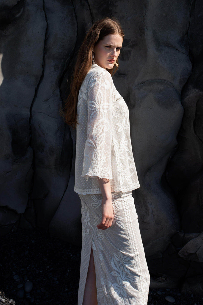 WHITE RIBBON EMBROIDERED SKIRT SET - dash and dot dash and dot