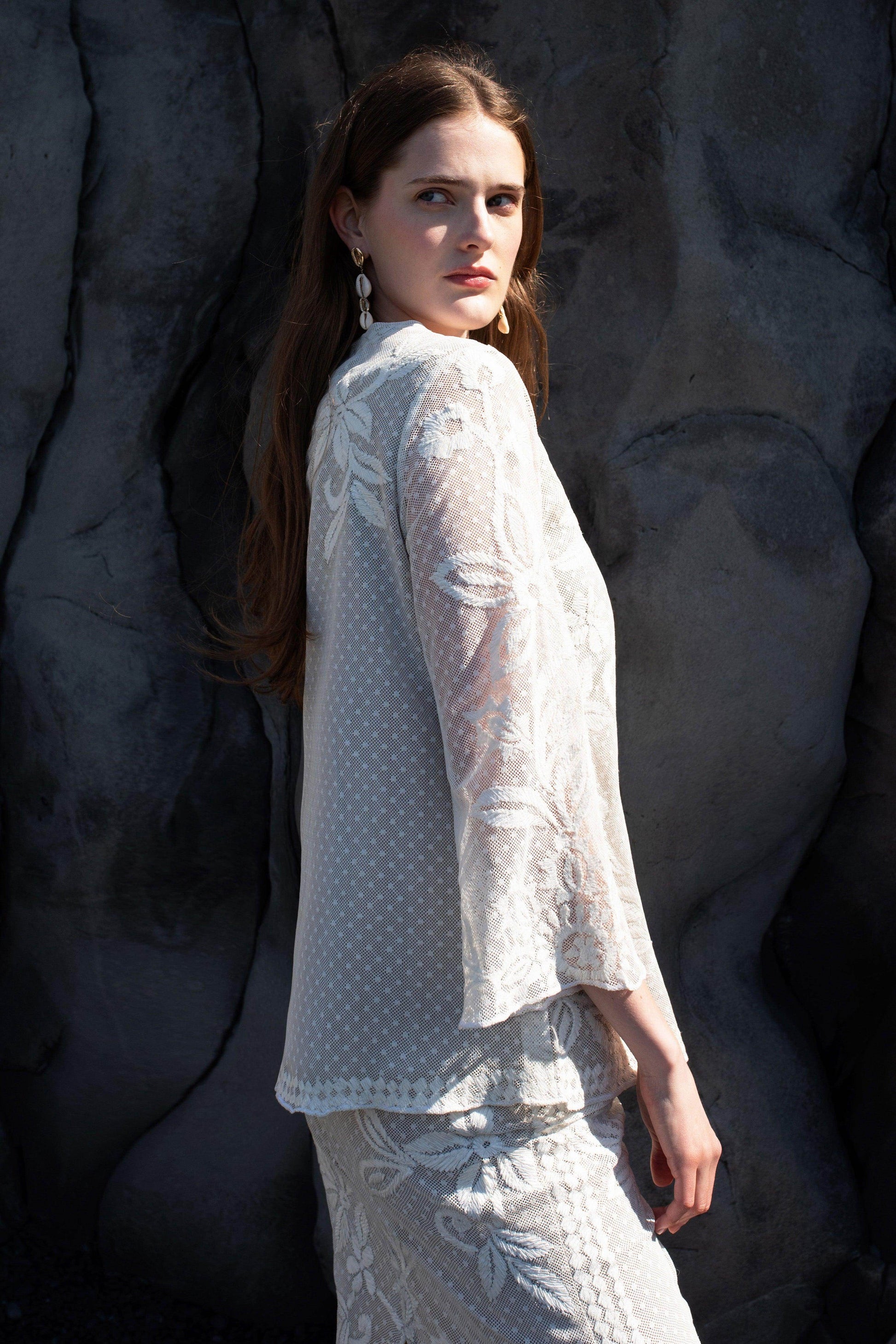 WHITE RIBBON EMBROIDERED SKIRT SET - dash and dot