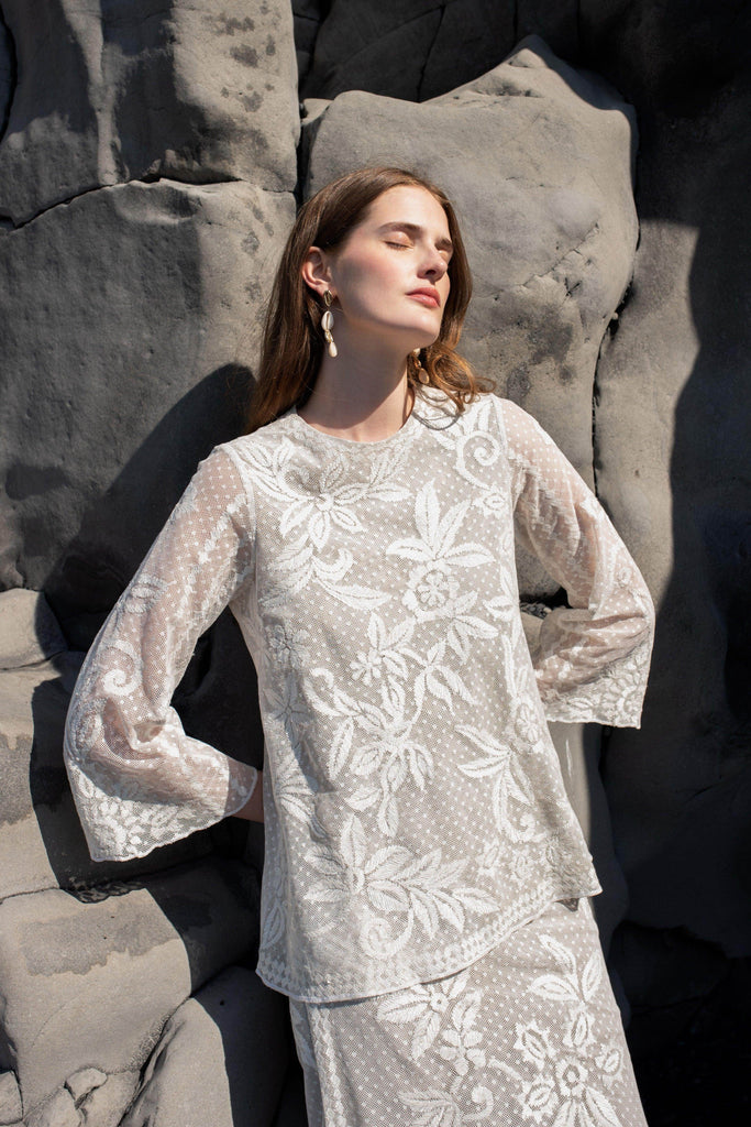 WHITE RIBBON EMBROIDERED STRAIGHT SKIRT - dash and dot dash and dot