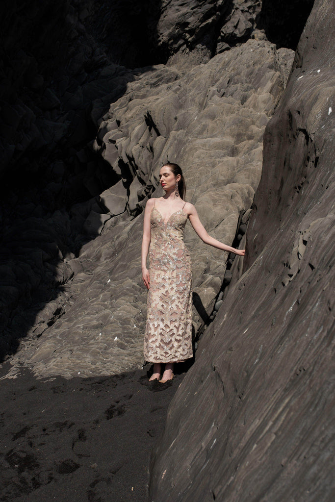 STATEMENT CHAMPAGNE SEQUIN EMBROIDERED GOWN - dash and dot dash and dot