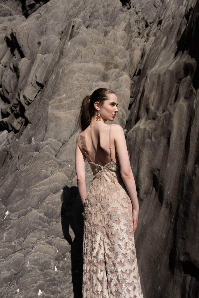 STATEMENT CHAMPAGNE SEQUIN EMBROIDERED GOWN - dash and dot dash and dot