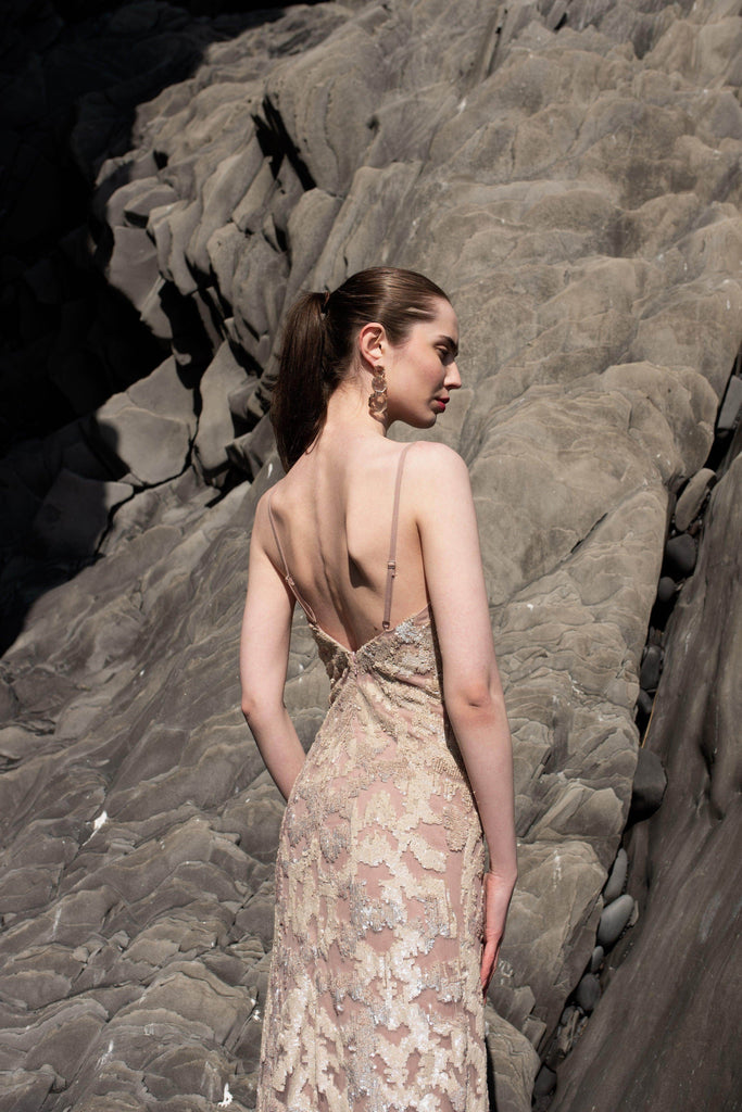 STATEMENT CHAMPAGNE SEQUIN EMBROIDERED GOWN - dash and dot dash and dot