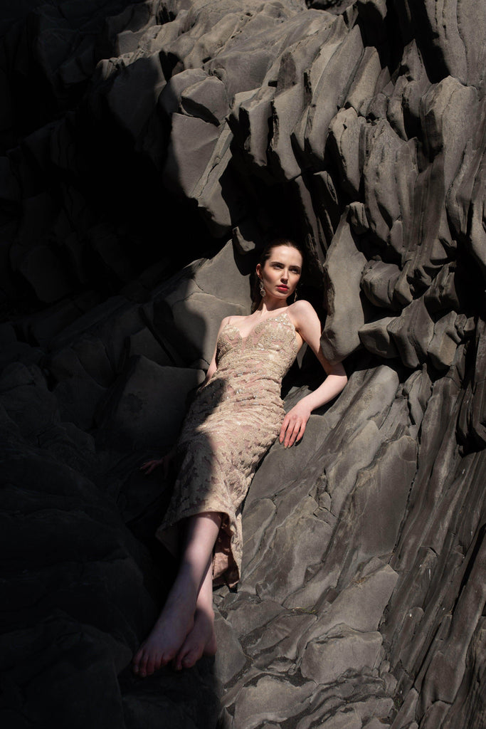 STATEMENT CHAMPAGNE SEQUIN EMBROIDERED GOWN - dash and dot dash and dot