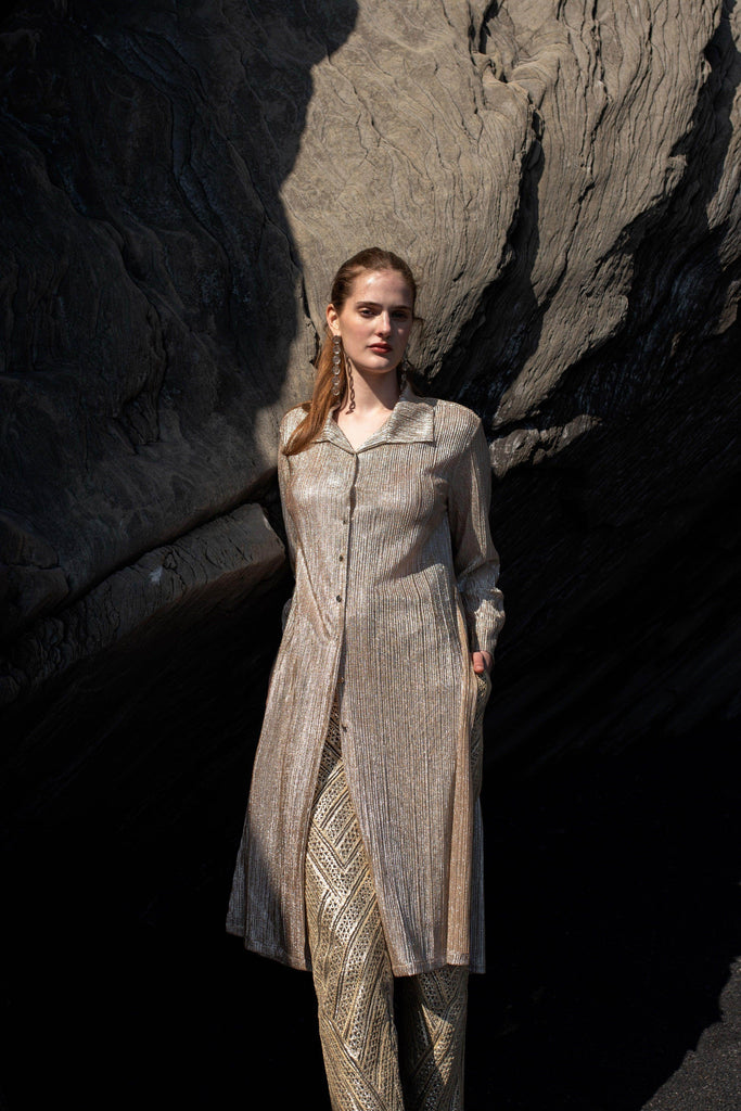 SHIMMERING LONGLINE SHIRT & ALLOVER GOTA EMBROIDERED PANT - dash and dot dash and dot