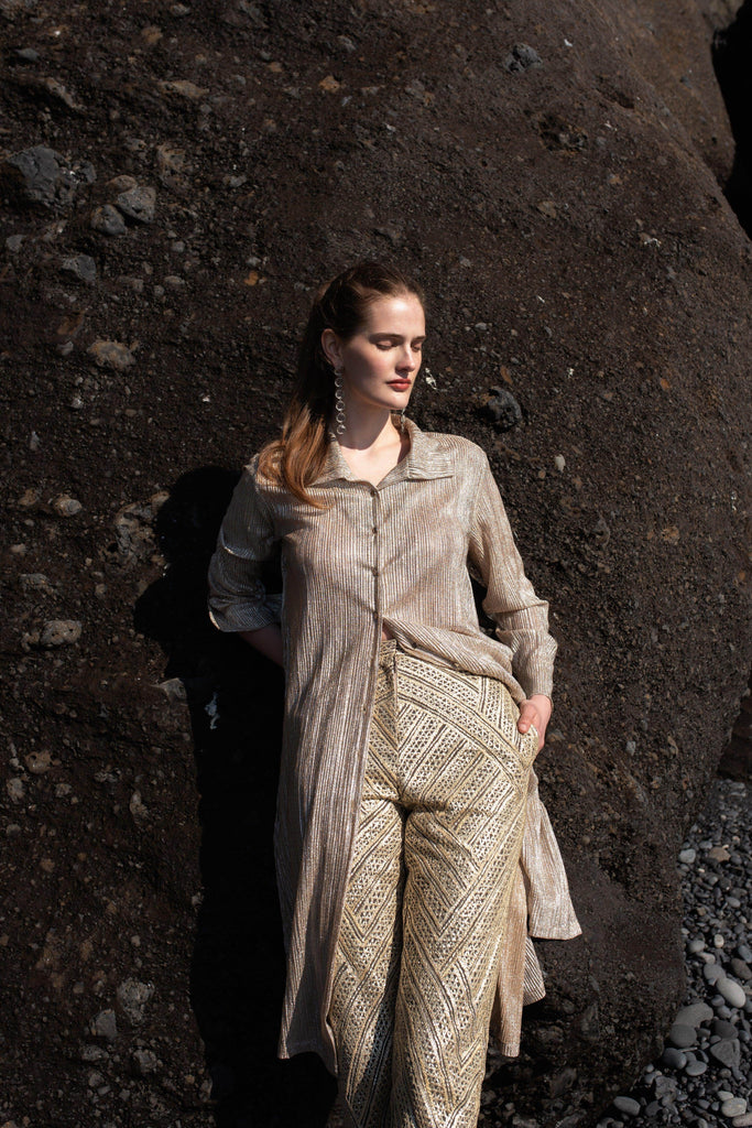 SHIMMERING LONGLINE SHIRT & ALLOVER GOTA EMBROIDERED PANT - dash and dot dash and dot