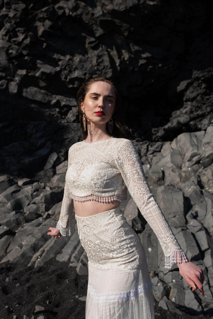 WHITE ON WHITE EMBROIDERED FLARED TULLE SKIRT - dash and dot dash and dot