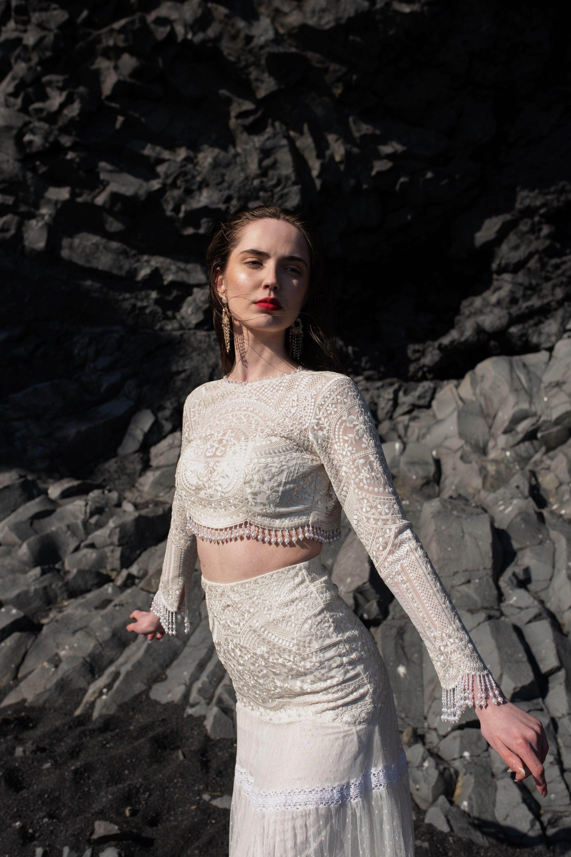 WHITE ON WHITE EMBROIDERED FLARED SKIRT SET - dash and dot