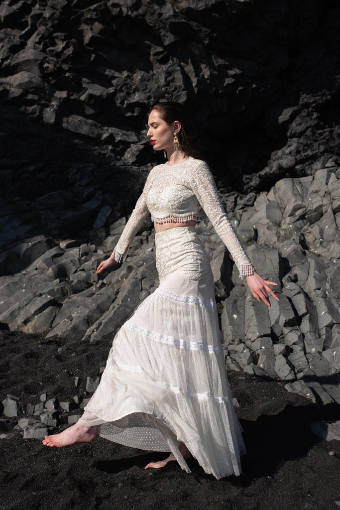 WHITE ON WHITE EMBROIDERED FLARED SKIRT SET - dash and dot dash and dot