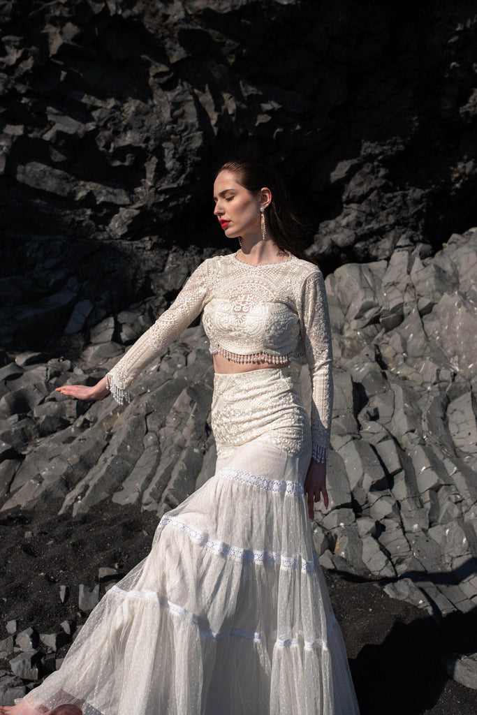 WHITE ON WHITE EMBROIDERED FLARED TULLE SKIRT - dash and dot dash and dot