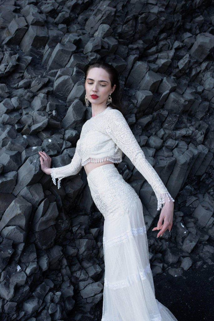 WHITE ON WHITE EMBROIDERED FLARED TULLE SKIRT - dash and dot dash and dot