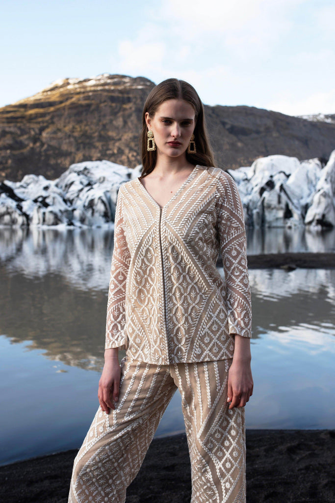 WHITE ON NUDE EMBROIDERED PANT SET - dash and dot dash and dot