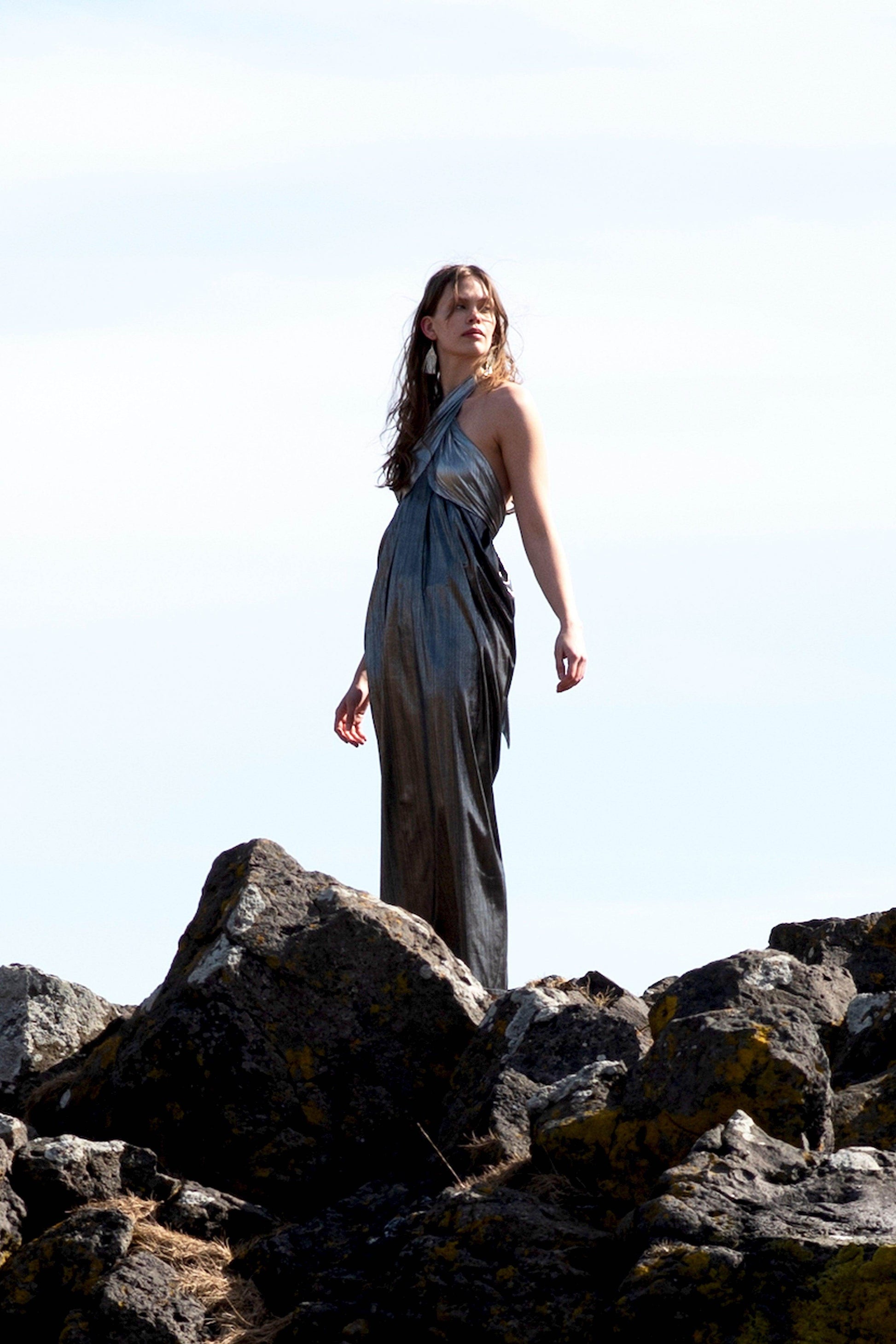 METALLIC BLOCK HALTER GOWN - dash and dot