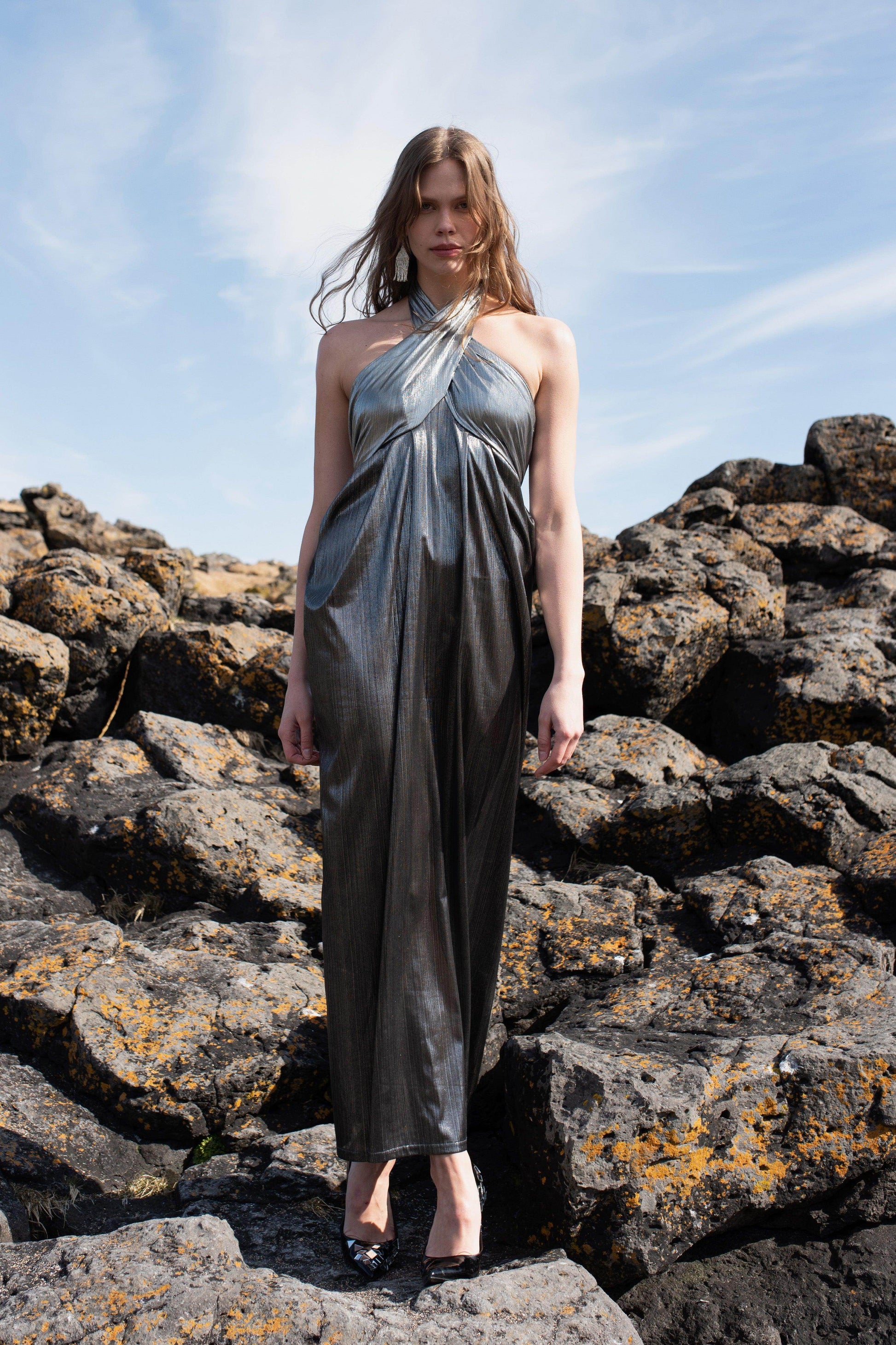 METALLIC BLOCK HALTER GOWN - dash and dot
