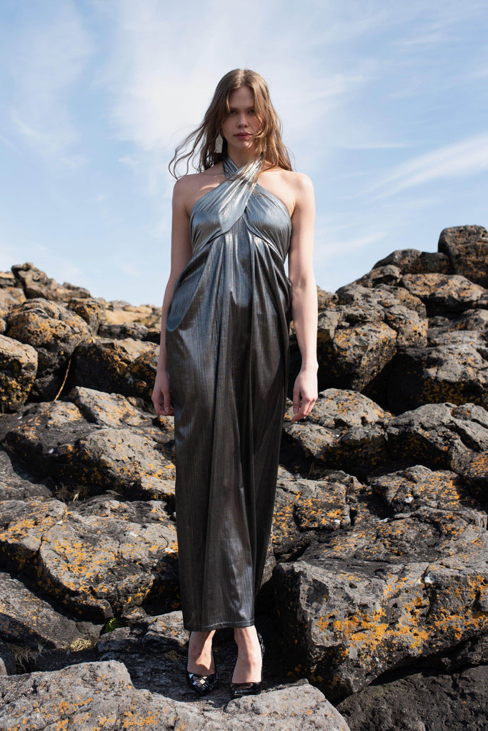 METALLIC BLOCK HALTER GOWN - dash and dot dash and dot