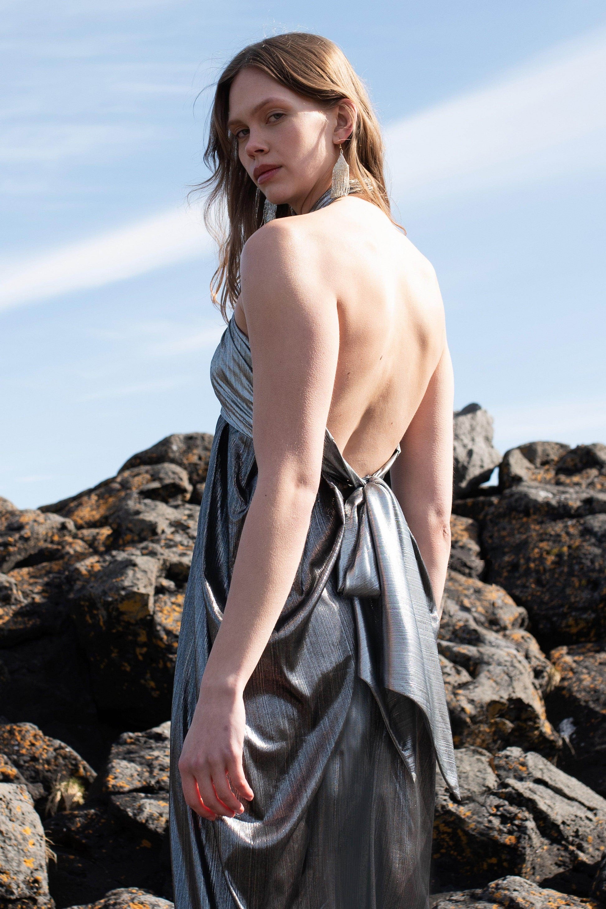 METALLIC BLOCK HALTER GOWN - dash and dot