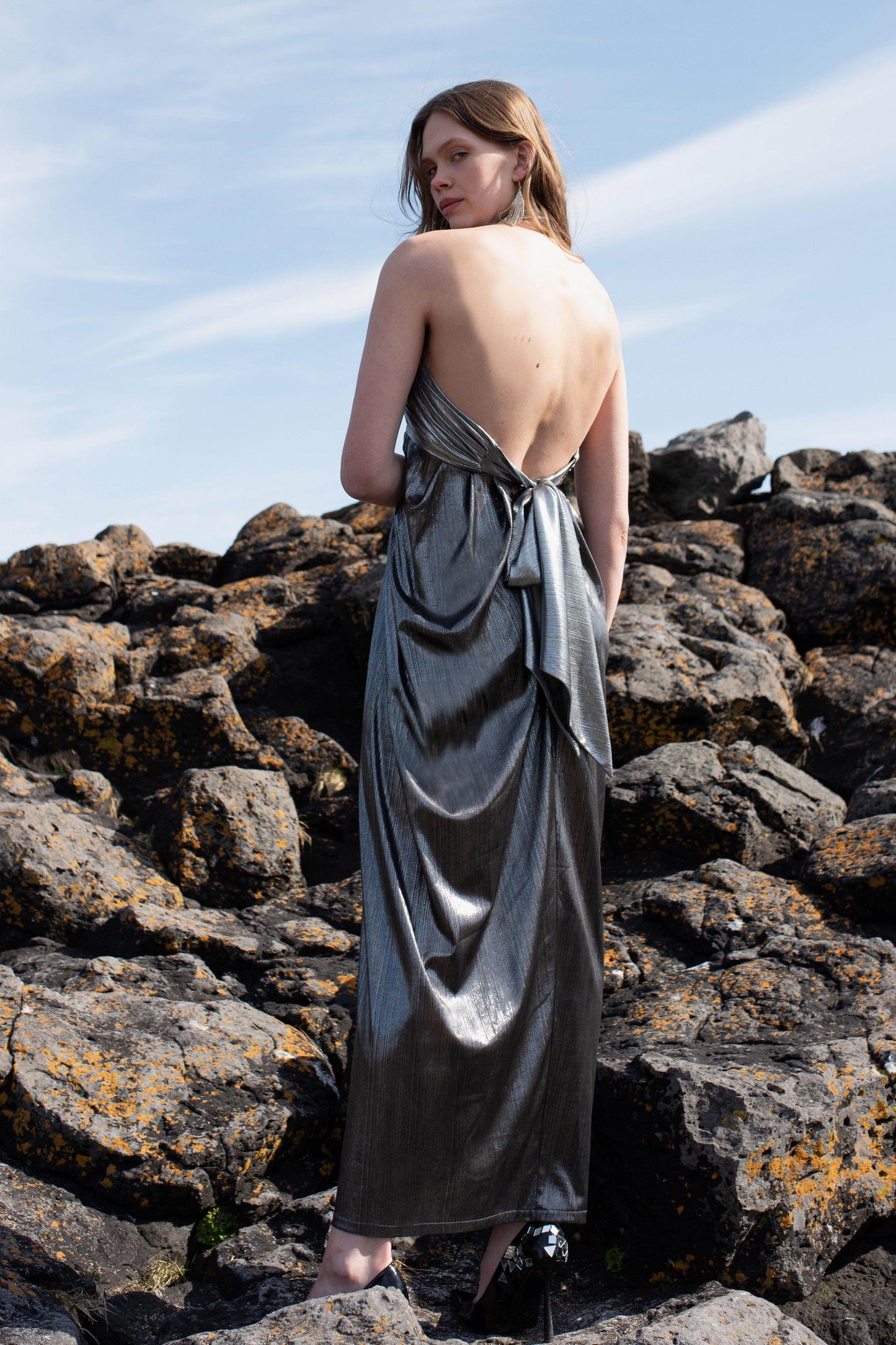 METALLIC BLOCK HALTER GOWN - dash and dot