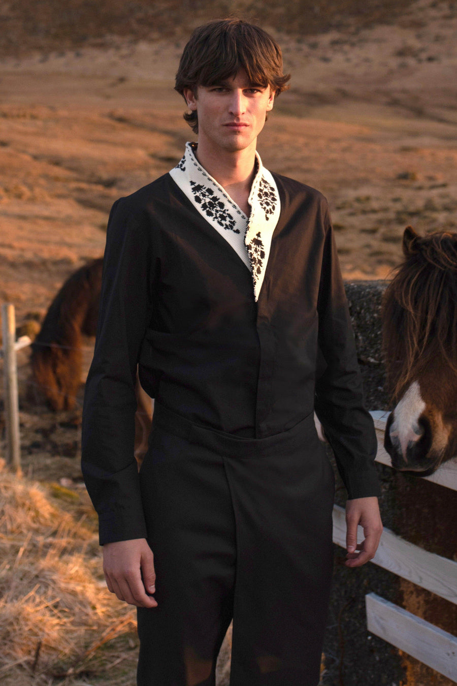 CONTRAST RIB SHAWL COLLAR SHIRT