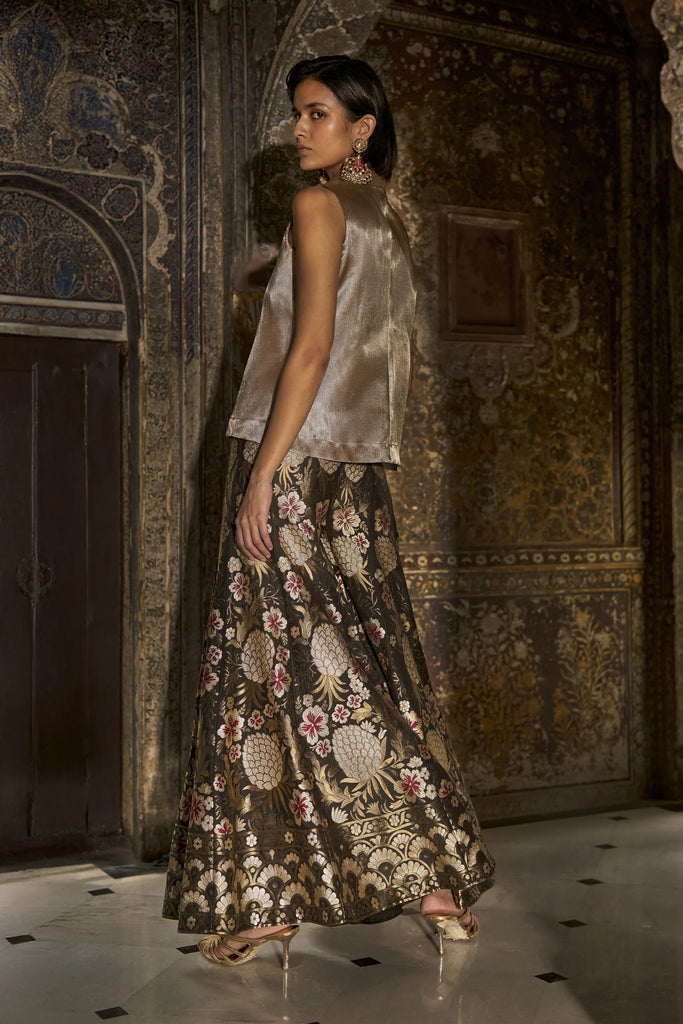 BENARES BROCADE SLEEVELESS SHIRT AND FLARED MOTIF PANT dash and dot