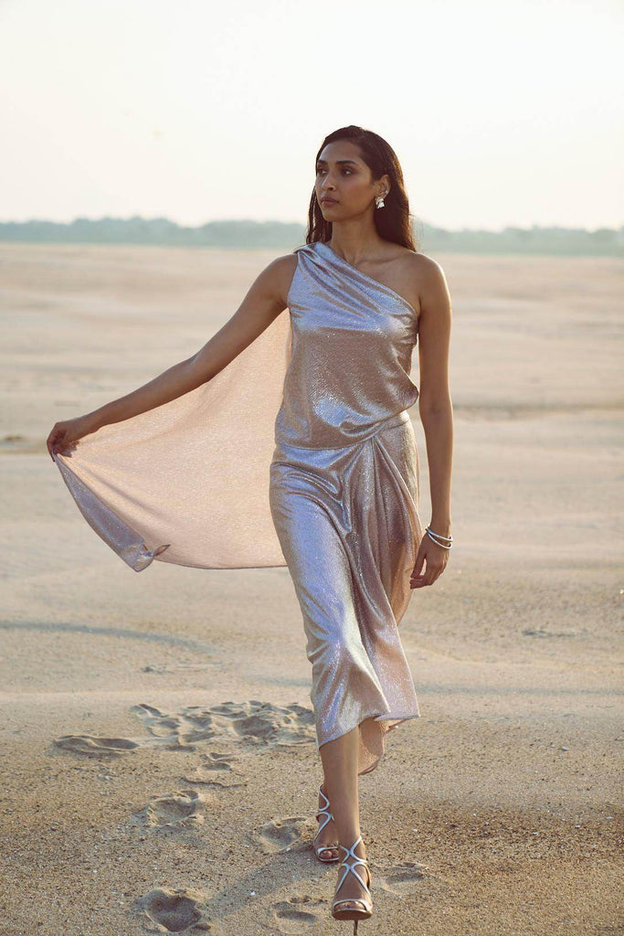 SHIMMER DRAPED SCARF TOP - dash and dot dash and dot